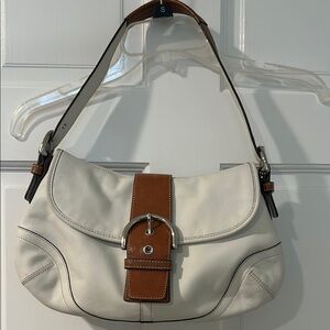 White and Brown Coach Leather Hobo Shoulder Bag with Adjustable Strap